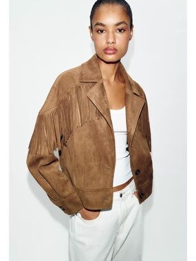 Zara FRINGED FAUX SUEDE JACKET